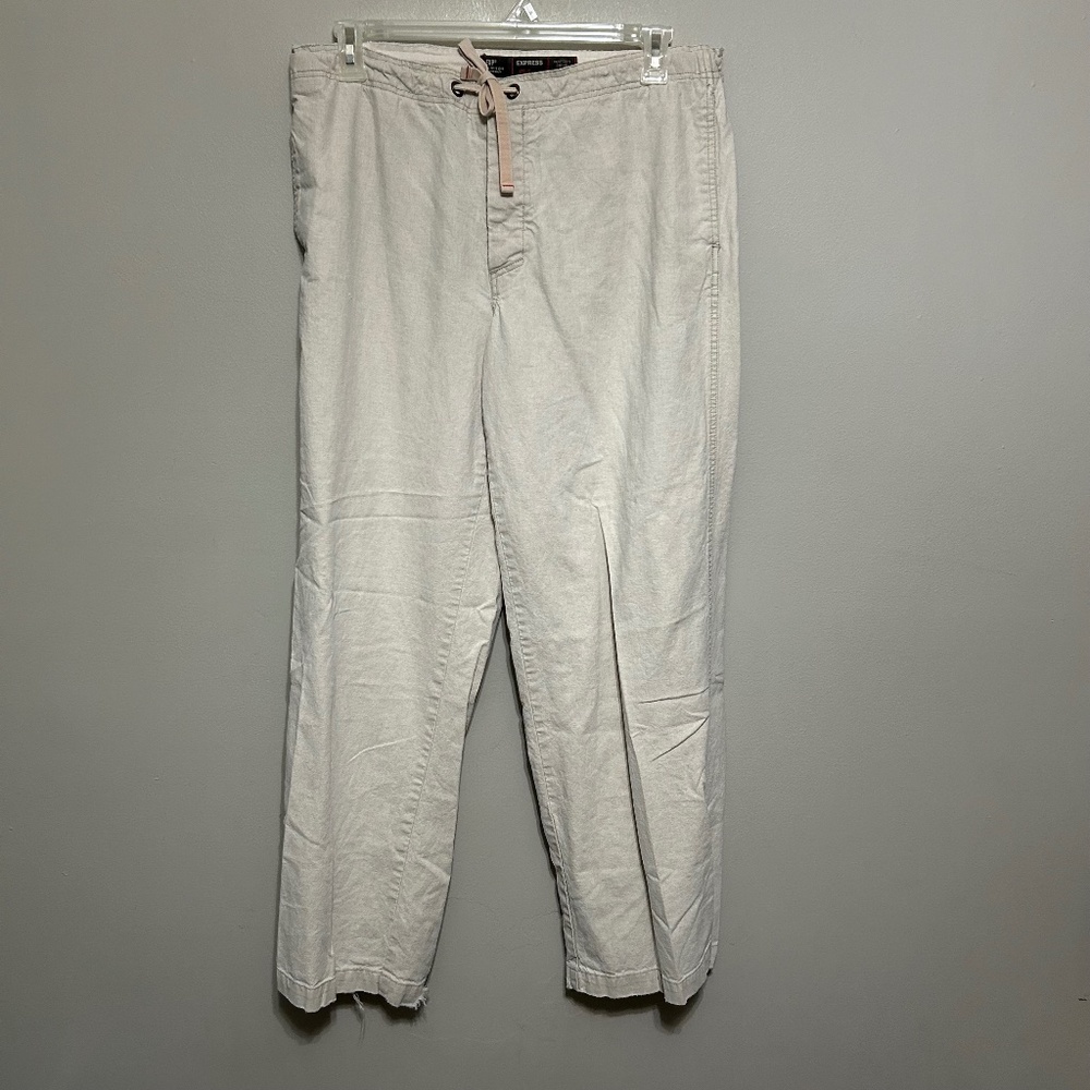 Express Mens Pants 36X30 Beige Tan Khaki Linen Blend Button Fly Lagenlook Casual